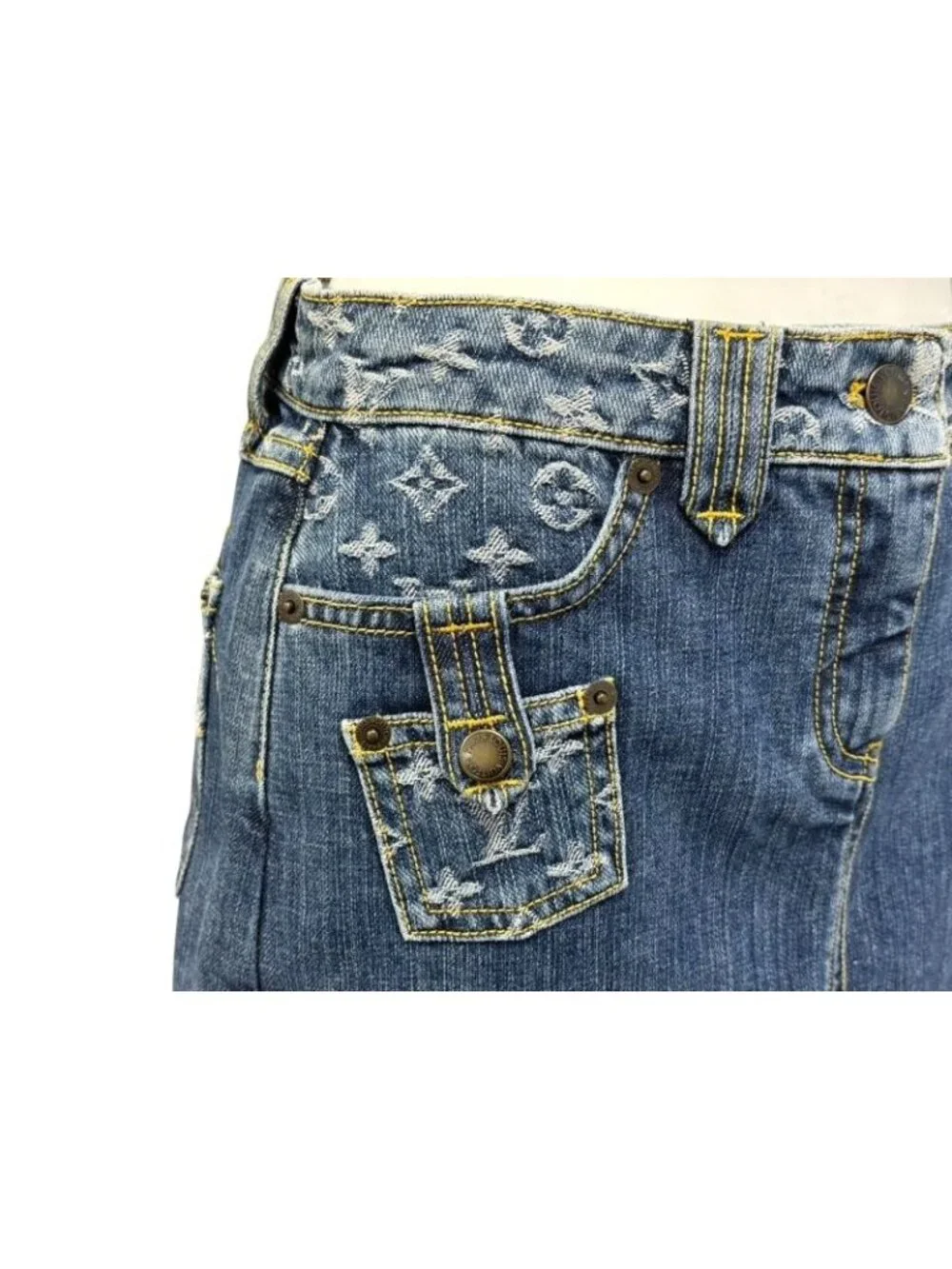 Louis Vuitton Denim Skirt Monogram Blue Gold